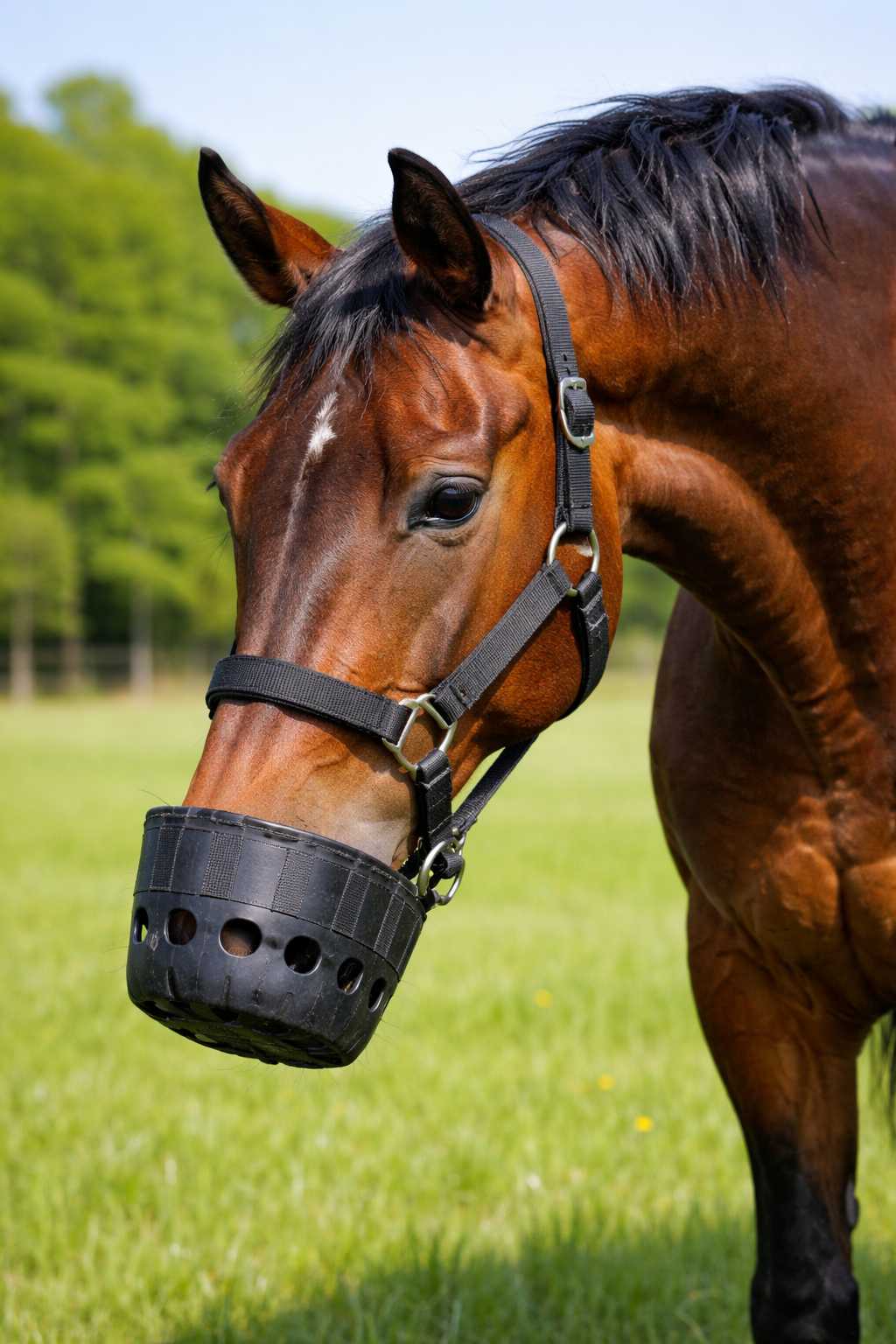 Braunes Pferd trägt eine Fressbremse (Grazing Muzzle) auf einer grünen Wiese zur kontrollierten Futteraufnahme