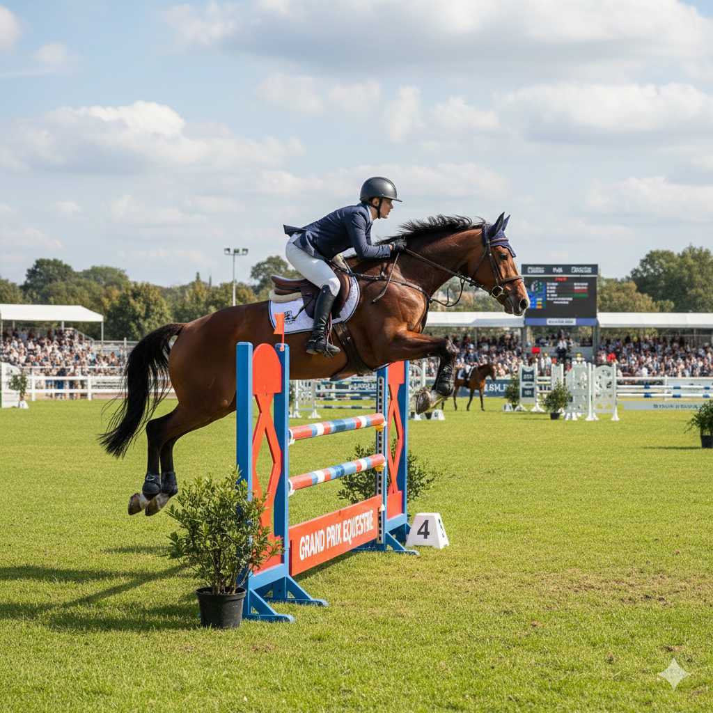 Ein Springreiter überquert mit seinem braunen Pferd ein buntes Hindernis im Grand-Prix-Parcours, im Hintergrund sind Zuschauertribünen und eine Anzeigetafel zu sehen.