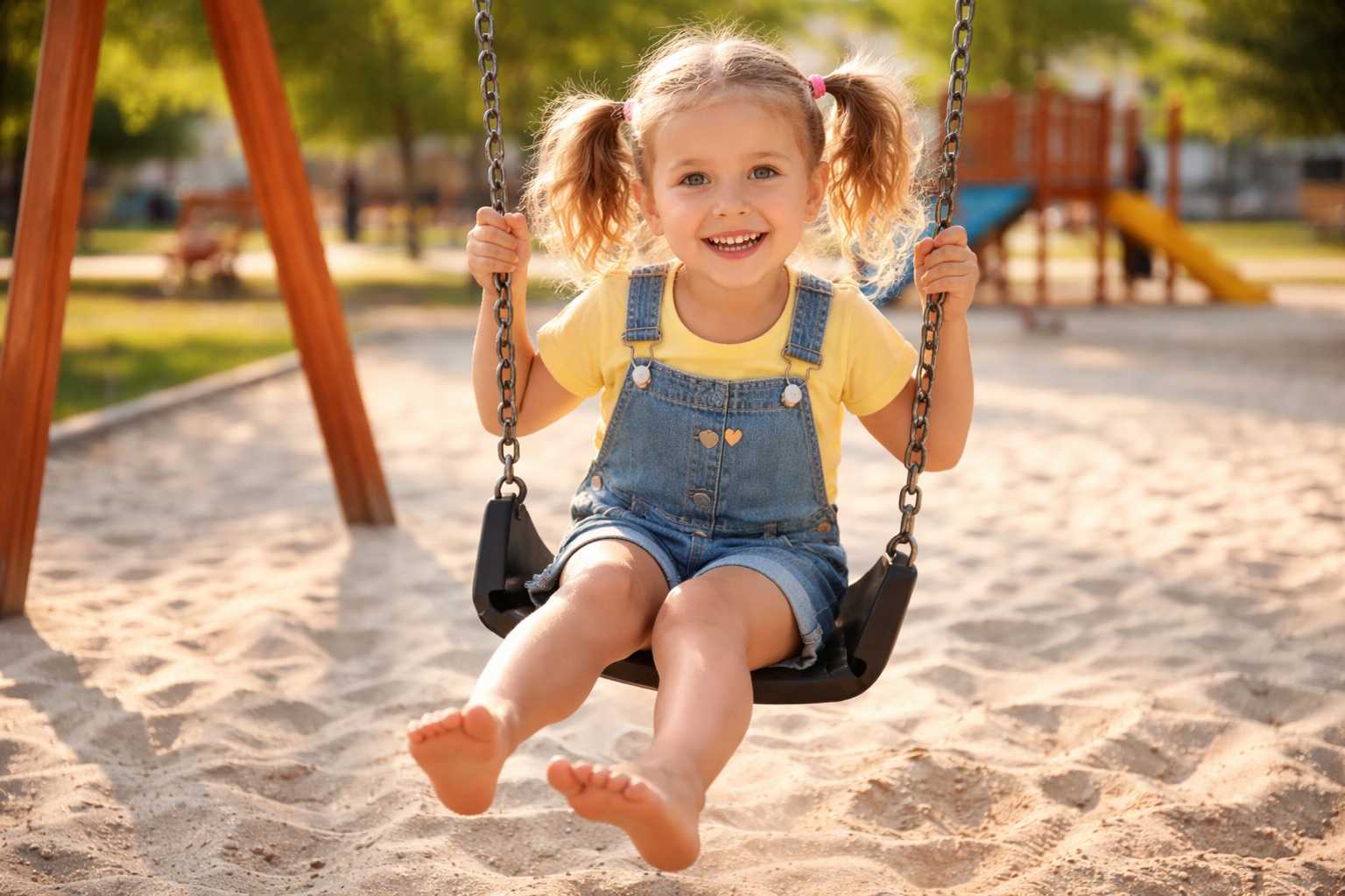 Kleines Mädchen schaukelt lachend auf einer Schaukel auf einem Spielplatz