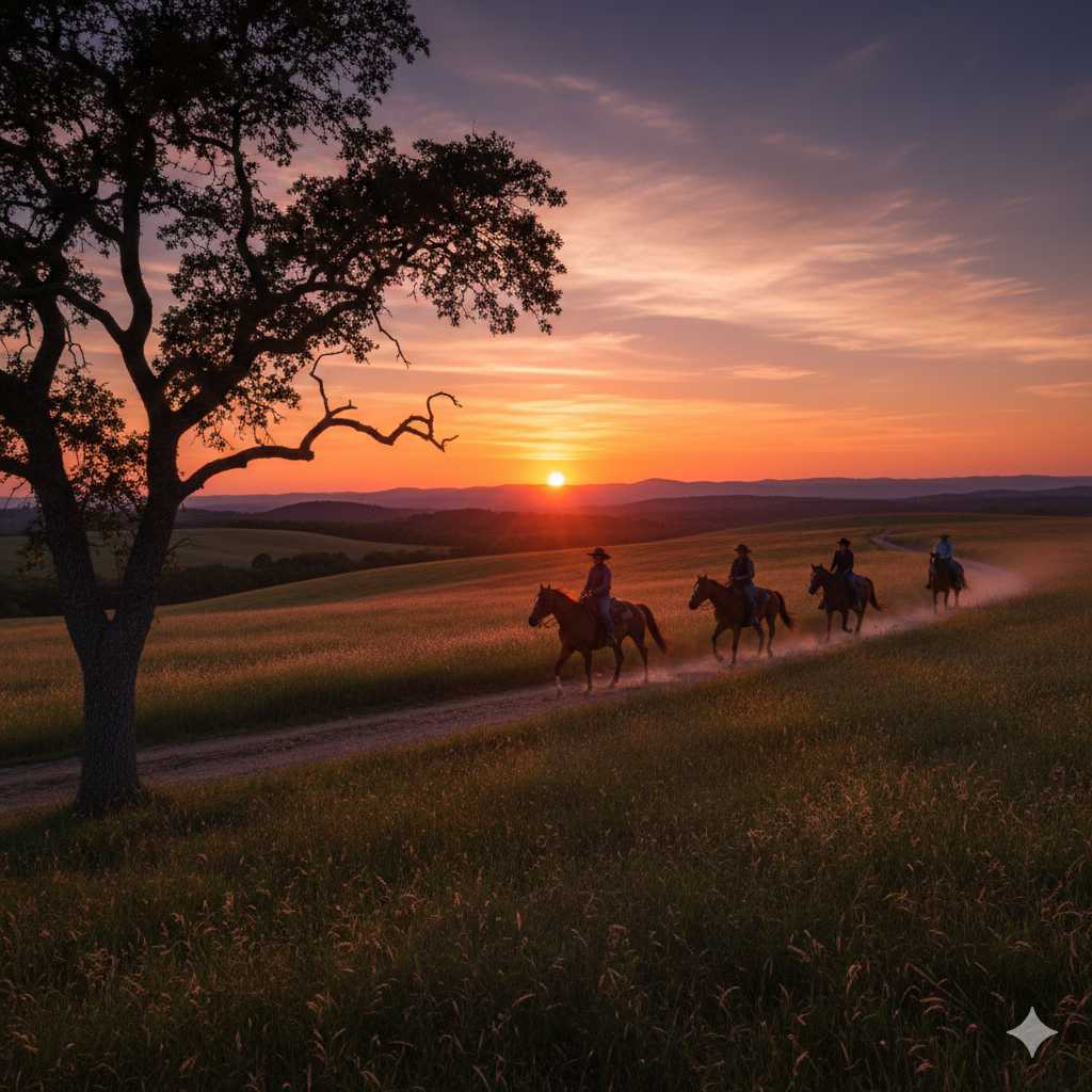 Vier Reiter auf Pferden reiten auf einem Feldweg durch eine weite Landschaft im warmen Licht des Sonnenuntergangs; im Vordergrund steht ein großer Baum