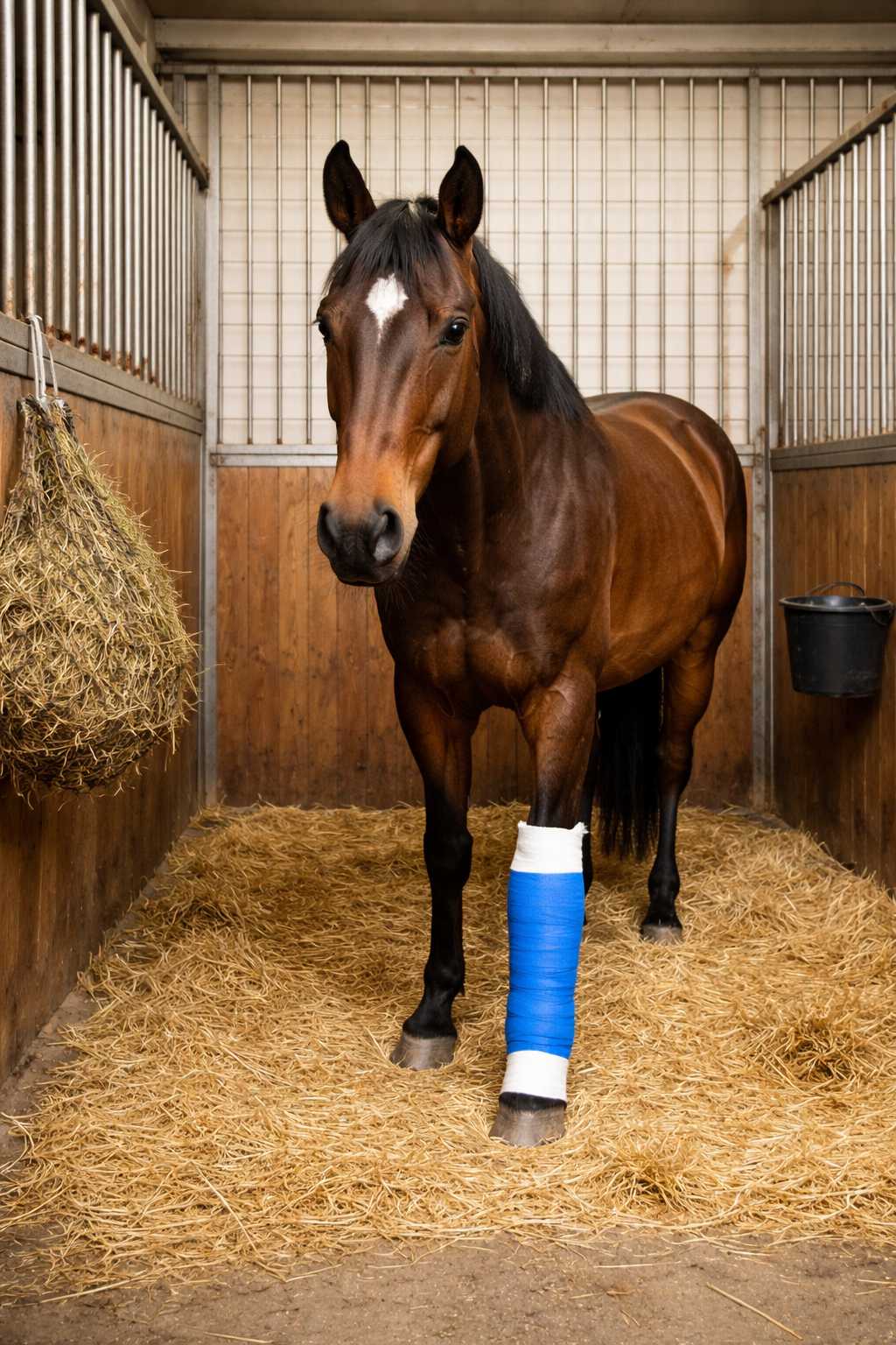 Braunes Pferd mit Bandage am Vorderbein in einer eingestreuten Stallbox