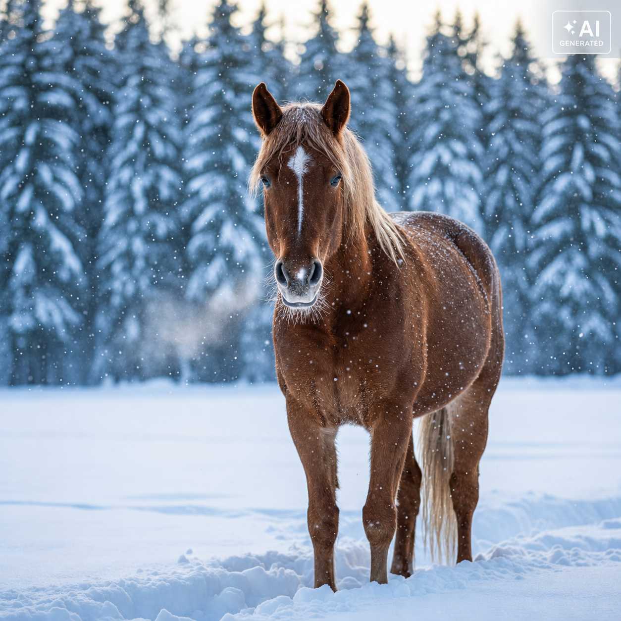 Braunes Pferd steht auf einer verschneiten Weide vor einem Winterwald