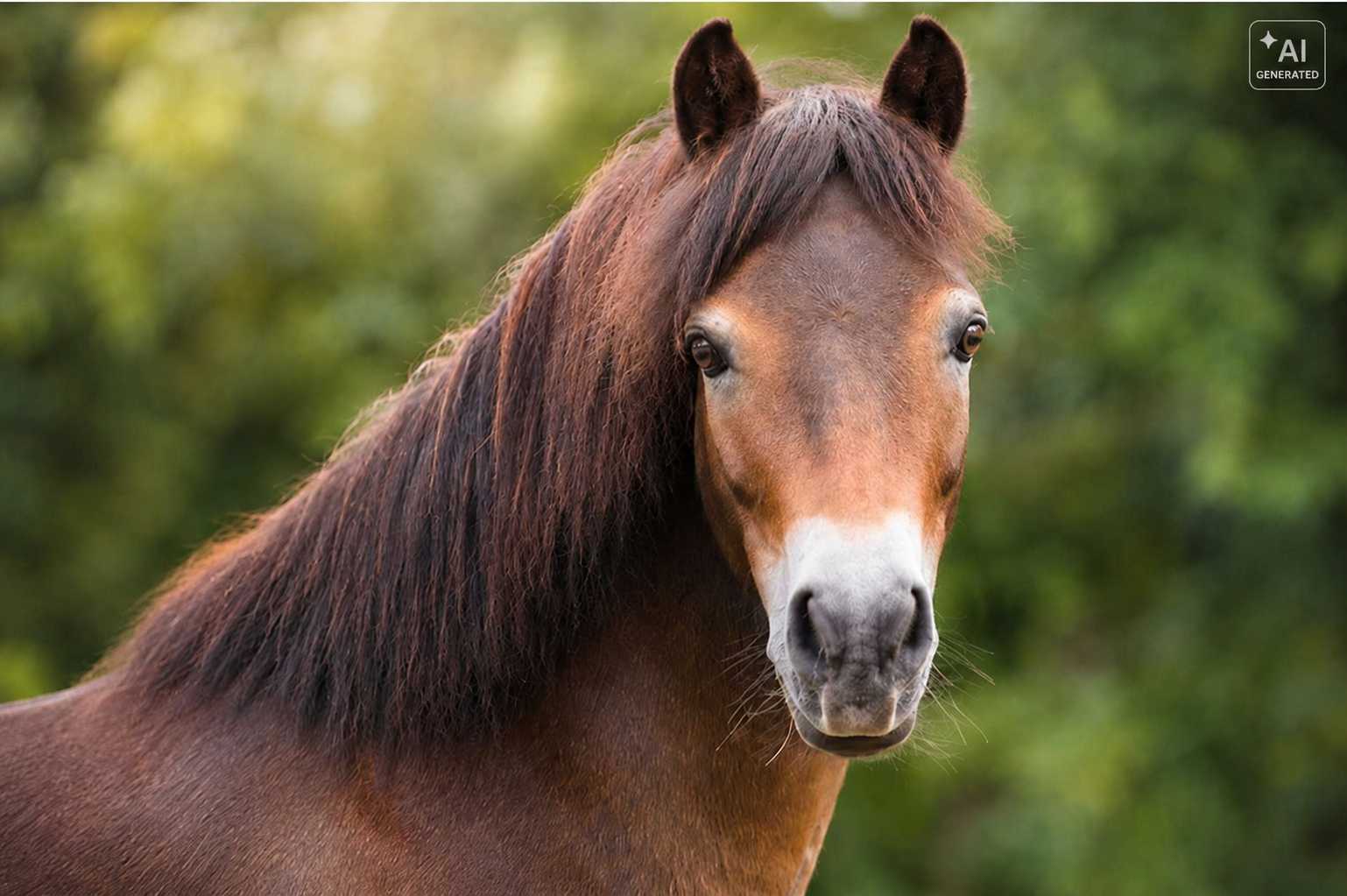 Nahaufnahme eines braunen Pferdes mit dunkler Mähne vor einem unscharfen grünen Naturhintergrund