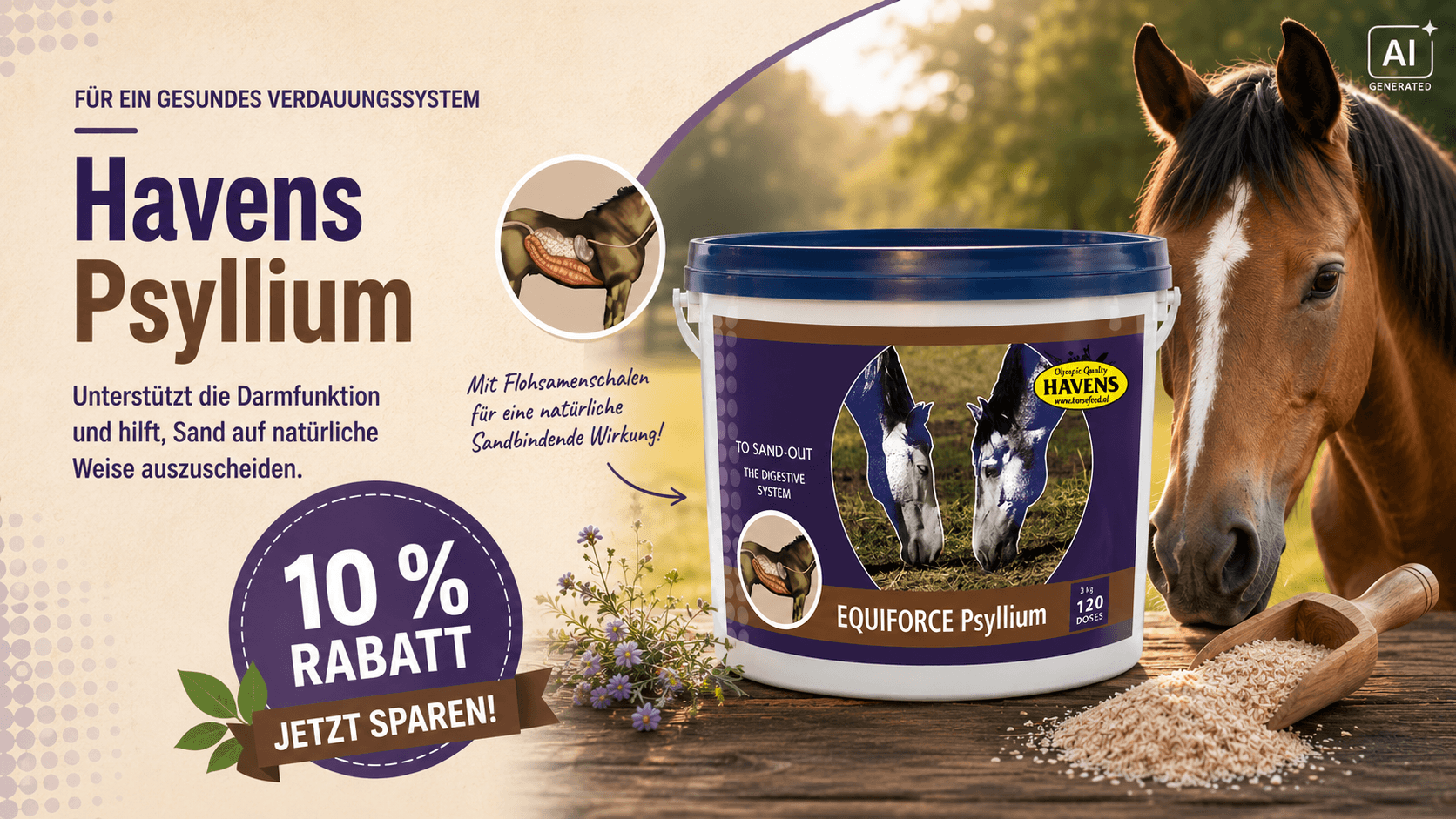 Havens Equiforce Psyllium mit Flohsamenschalen – zur Unterstützung der Darmfunktion und natürlichen Ausscheidung von aufgenommenem Sand, jetzt mit 10 Prozent Rabatt