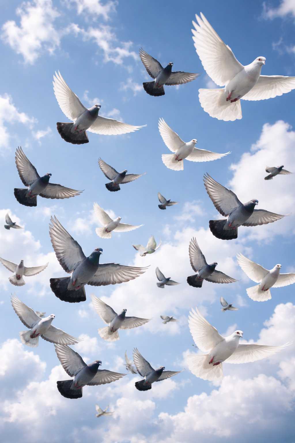 Gruppe von weißen und grauen Tauben fliegt mit ausgebreiteten Flügeln vor einem wolkigen Himmel