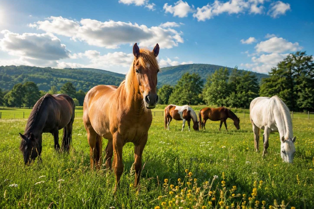 Mehrere Pferde grasen auf einer grünen Wiese vor bewaldeten Hügeln