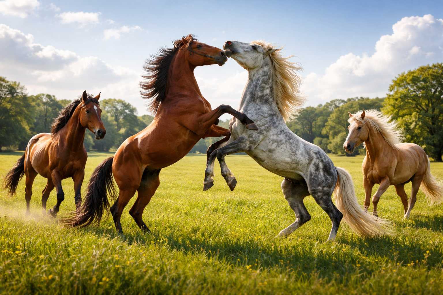 Mehrere Pferde spielen und steigen auf einer grünen Wiese im Sonnenlicht