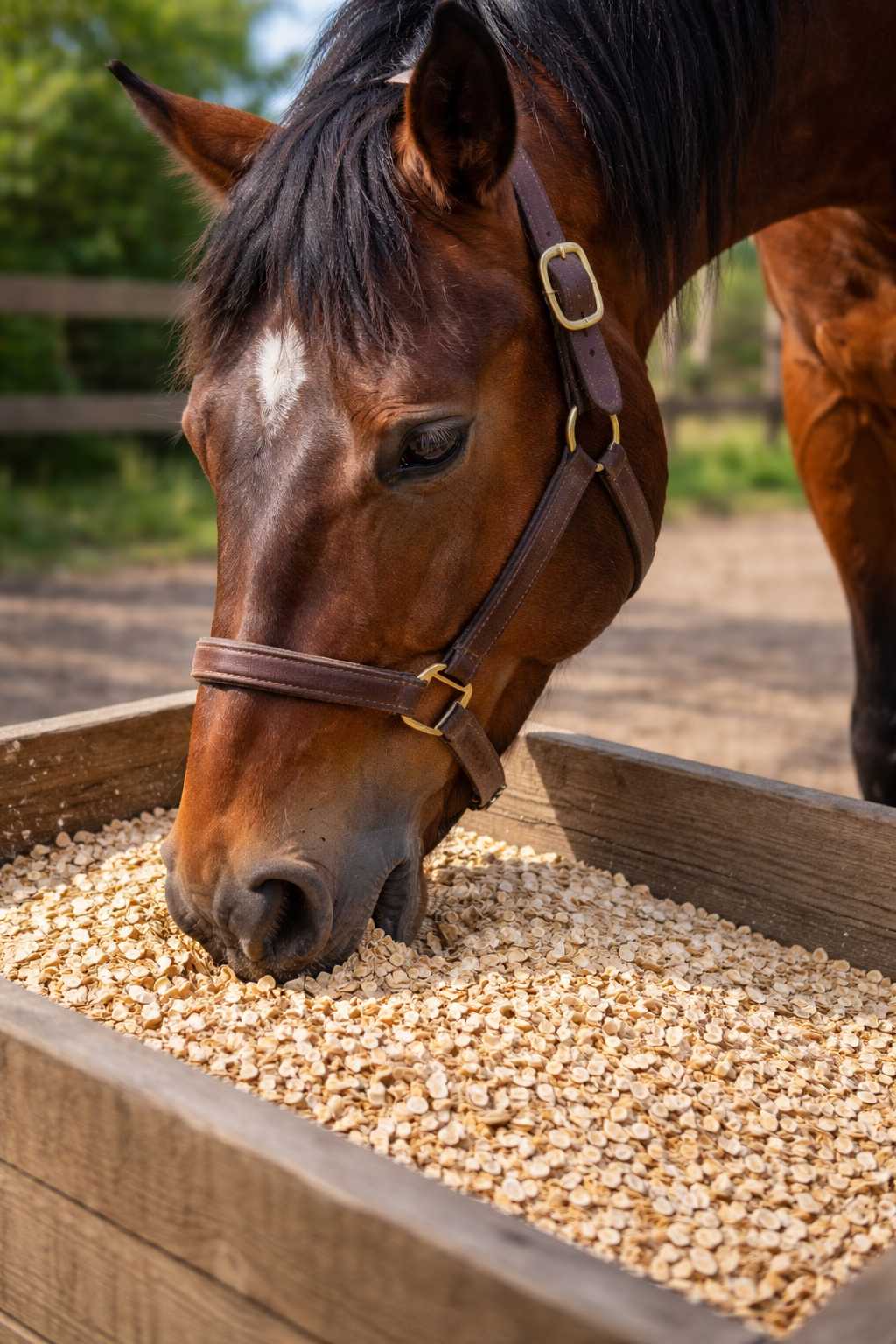 Ein Pferd frisst Hafer aus einem Futtertrog auf einem Reitplatz