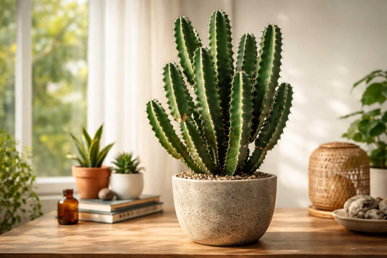 Großer Kaktus in einem Blumentopf als dekorative, pflegeleichte Zimmerpflanze auf einem Tisch