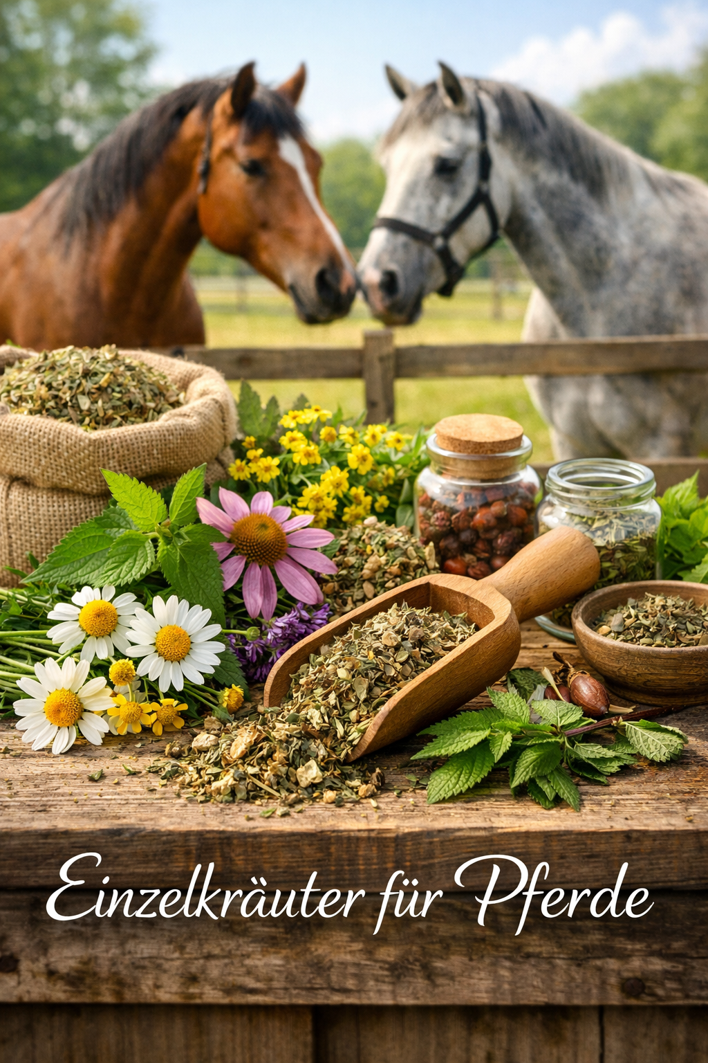 Verschiedene Einzelkräuter für Pferde auf einem Holztisch mit frischen Pflanzen und Pferden im Hintergrund
