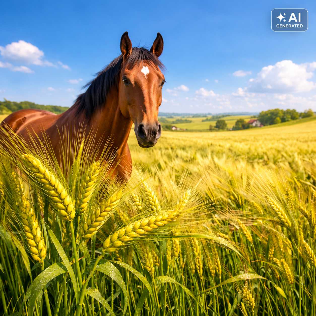Braunes Pferd mit schwarzer Mähne steht in einem goldgelben Getreidefeld. Im Vordergrund sind reife Getreideähren zu sehen, im Hintergrund eine grüne Hügellandschaft unter blauem Himmel.
