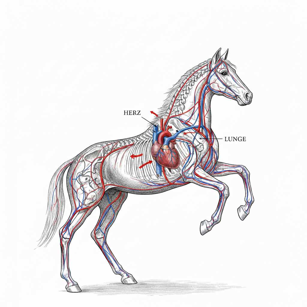 Anatomische Illustration eines Pferdes mit sichtbarem Herz, Lunge sowie rot und blau dargestellten Blutgefäßen zur Erklärung des Herz-Kreislauf-Systems.