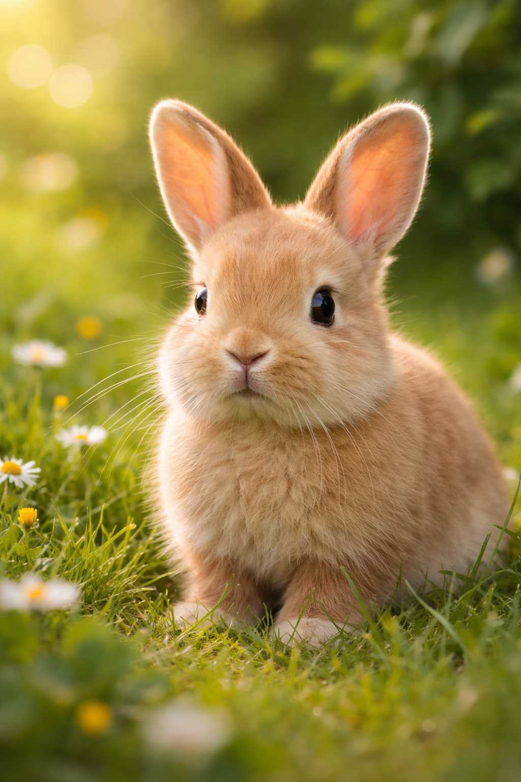 Nahaufnahme eines Kaninchens auf einer grünen Wiese mit Blumen bei Sonnenlicht