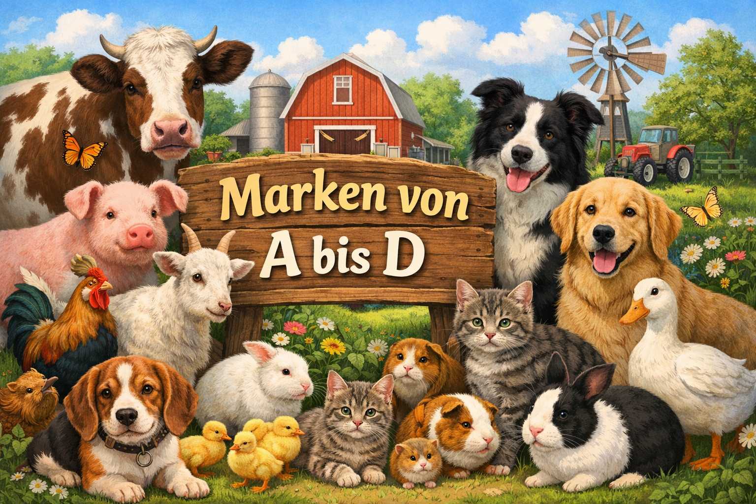 Illustration mit Bauernhoftieren wie Pferd, Kuh, Schwein, Hund, Katze und Geflügel sowie Schriftzug Marken von A bis D