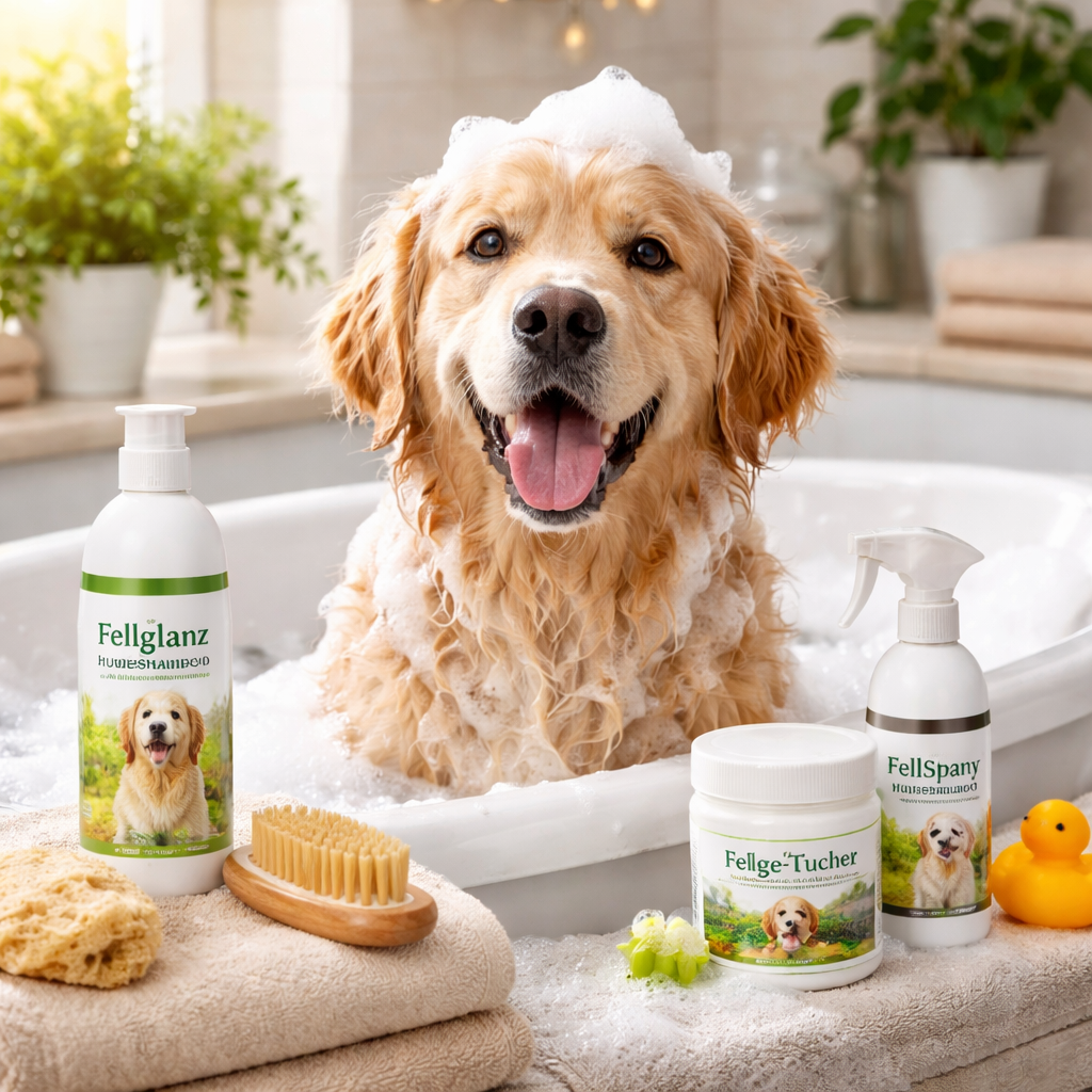 Hund sitzt mit Shampoo eingeschäumt in einer Badewanne während Pflegeprodukte daneben stehen