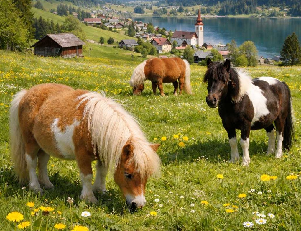 Mehrere Ponys grasen auf einer blühenden Wiese mit Blick auf einen See, ein Dorf und schneebedeckte Berge im Hintergrund.