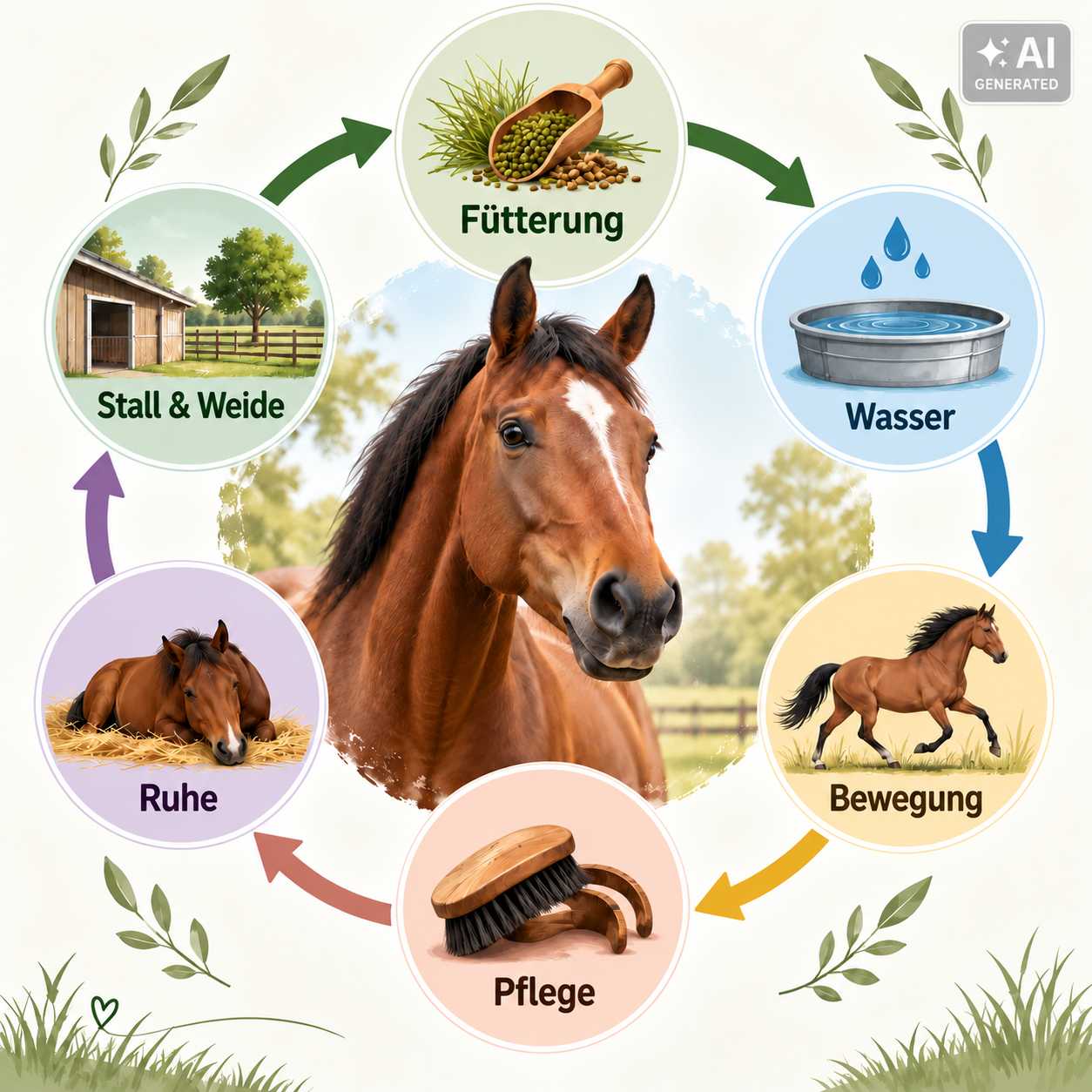 Übersicht mit Pferd sowie Fütterung, Wasser, Bewegung, Pflege, Ruhe und Stall