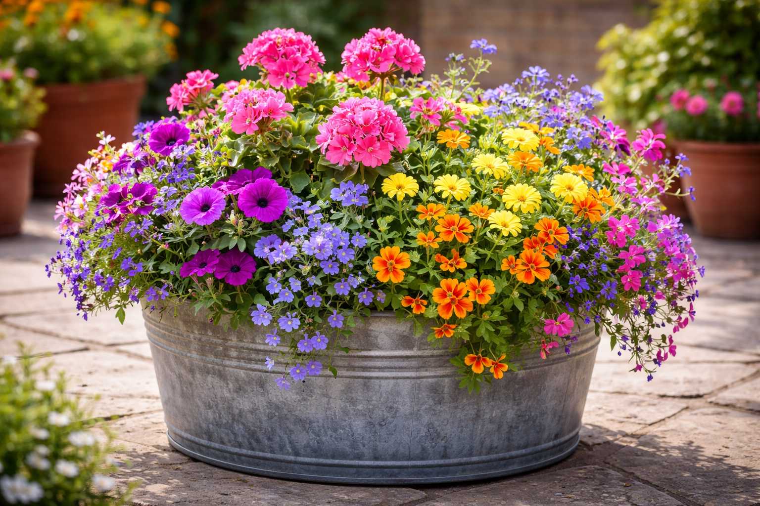Großer Pflanzkübel mit üppiger Mischung aus bunten Sommerblumen in Pink, Gelb, Orange und Violett auf einer sonnigen Terrasse