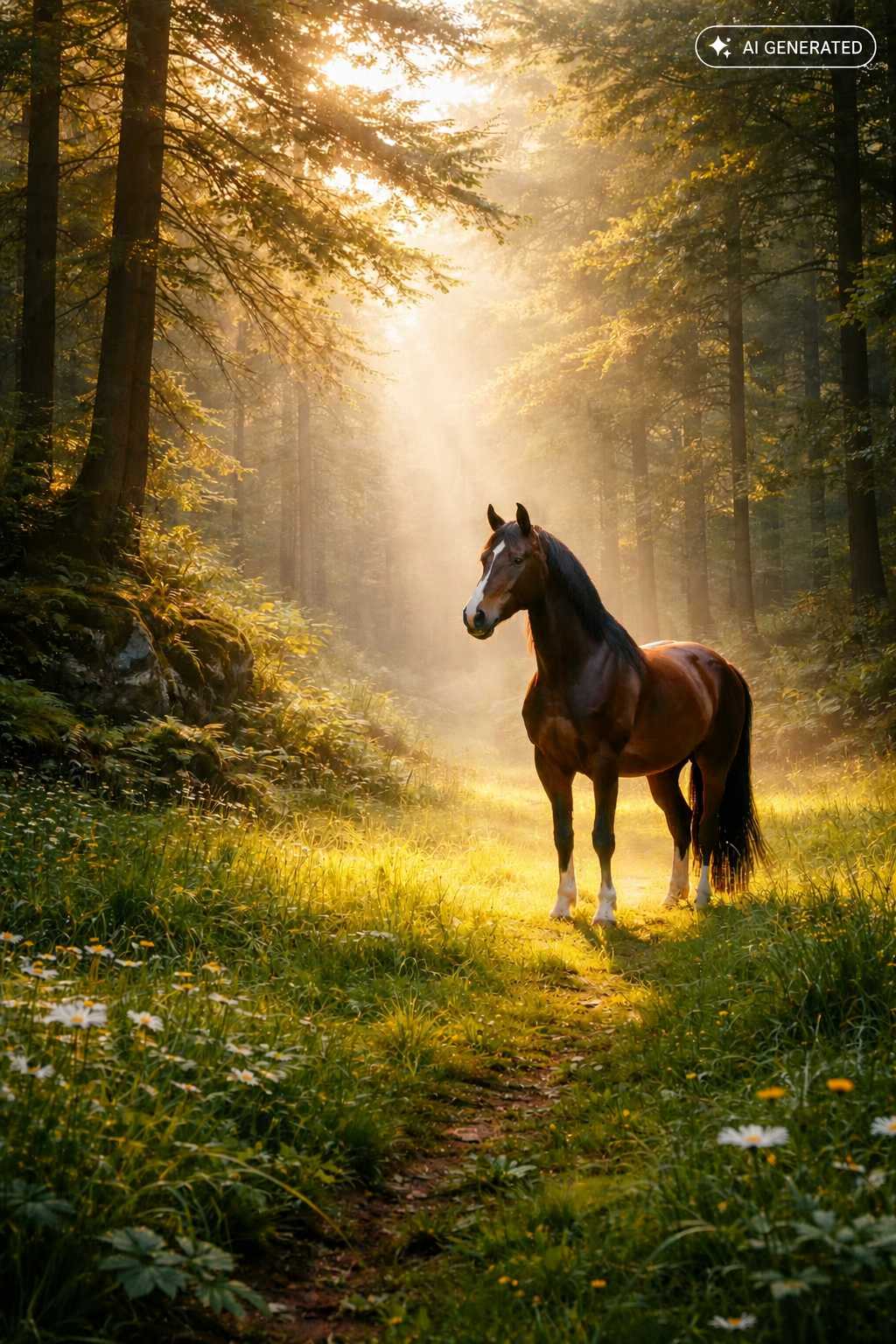 Braunes Pferd mit schwarzer Mähne und weißen Beinabzeichen steht auf einer grünen Waldlichtung. Sonnenstrahlen fallen durch die hohen Bäume auf die Wiese.