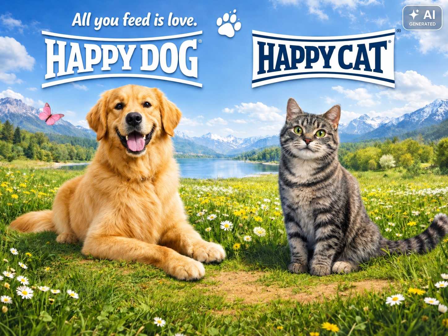 Golden Retriever und grau getigerte Katze sitzen gemeinsam auf einer grünen Blumenwiese vor einem See mit Berglandschaft. Darüber sind die Markenlogos „Happy Dog“ und „Happy Cat“ zu sehen.