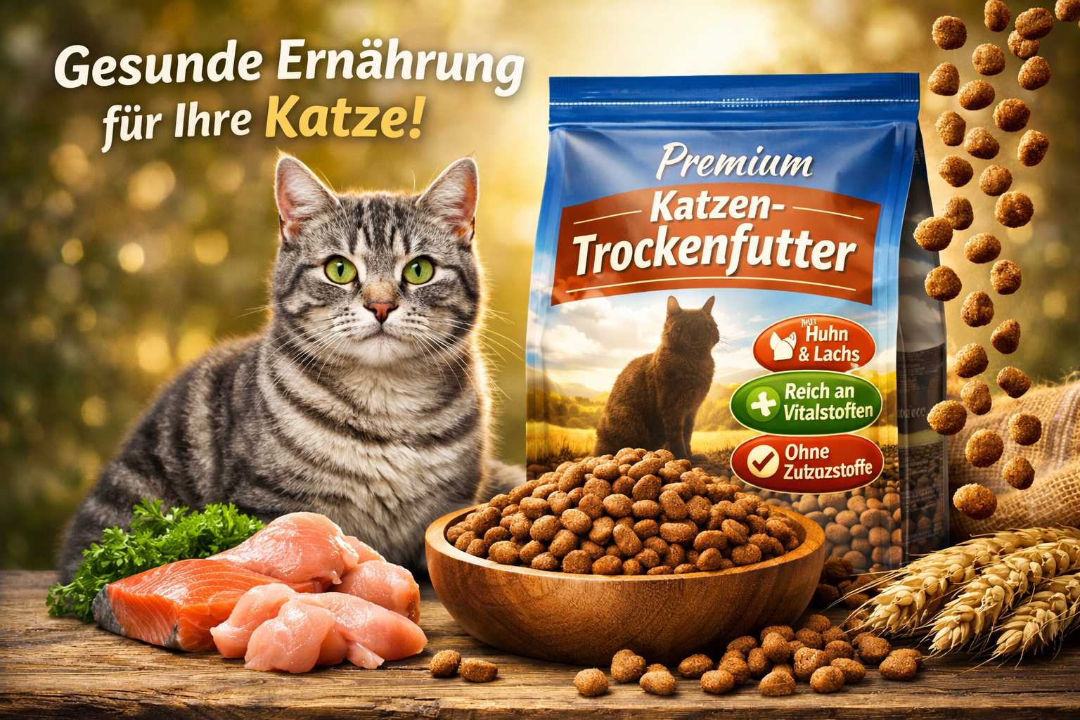 Werbebild für Premium Katzen Trockenfutter mit Huhn, Lachs und Vitalstoffen