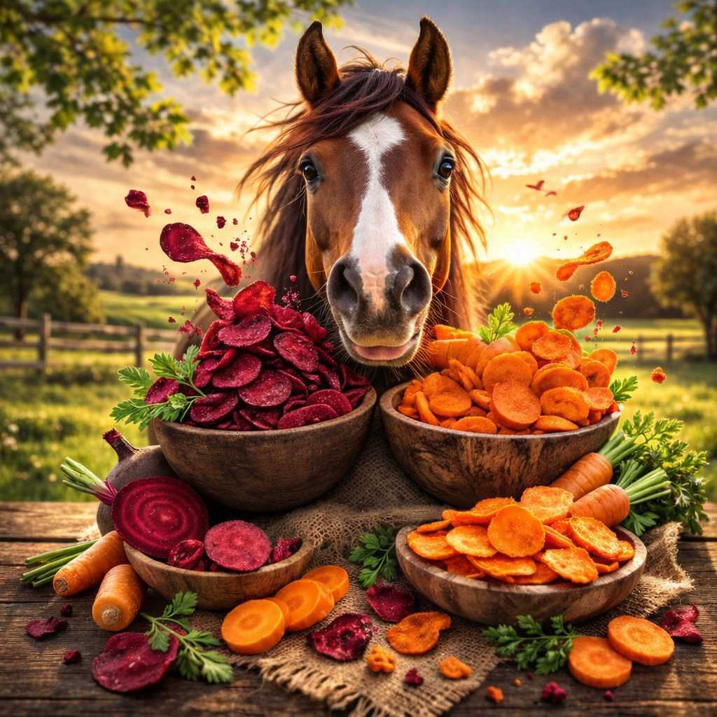 Pferd vor Schalen mit geschnittenen Karotten und Roter Bete als gesunde natürliche Snacks im Sonnenuntergang