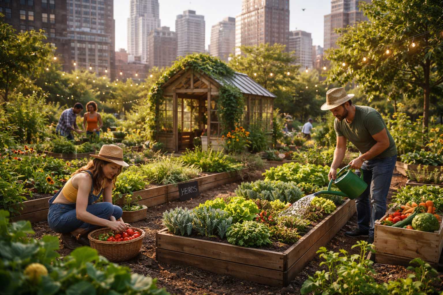Menschen ernten und pflegen Gemüse in Hochbeeten eines urbanen Gemeinschaftsgartens in der Stadt