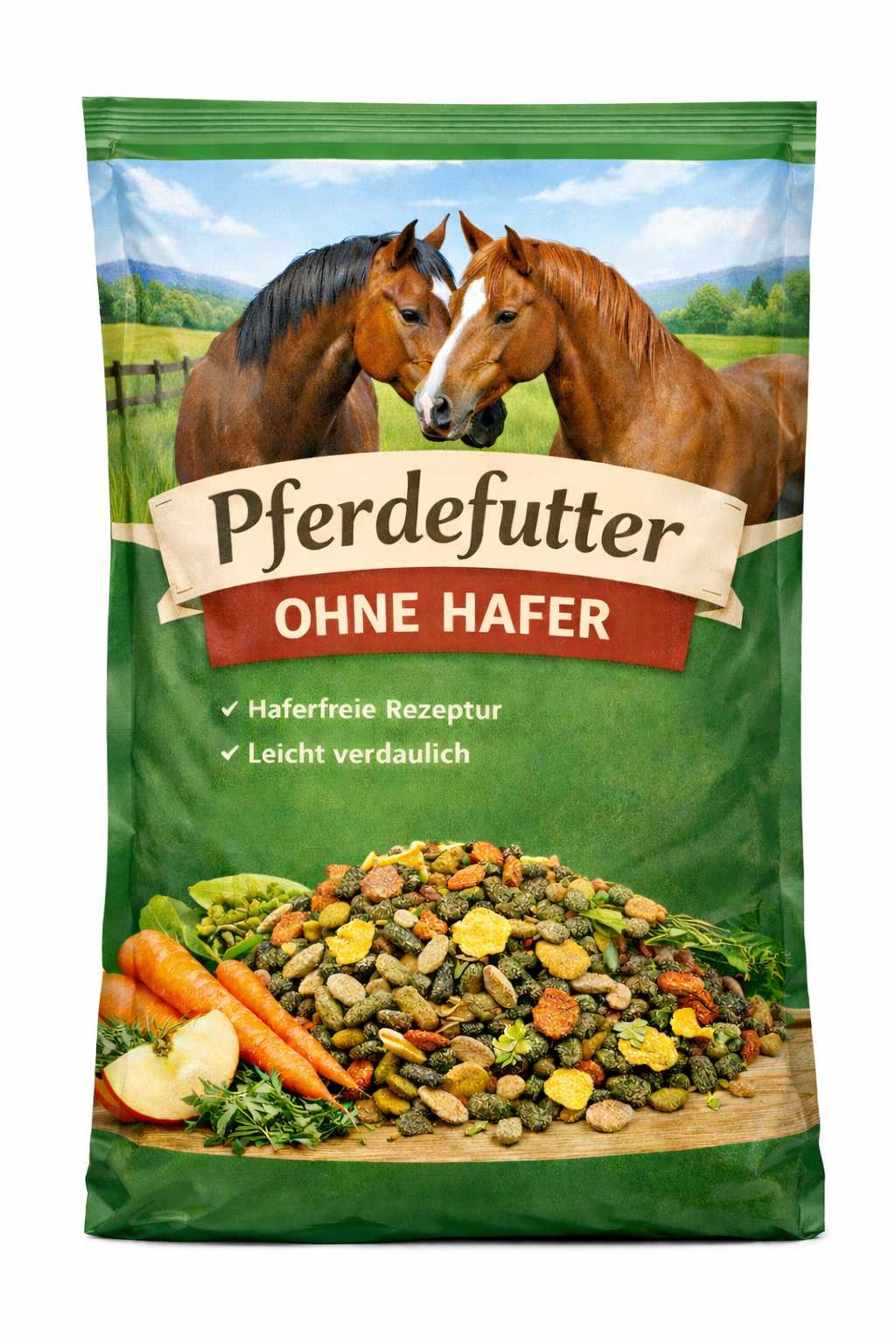 Beutel mit Pferdefutter ohne Hafer mit haferfreier Rezeptur und leicht verdaulicher Futtermischung für Pferde