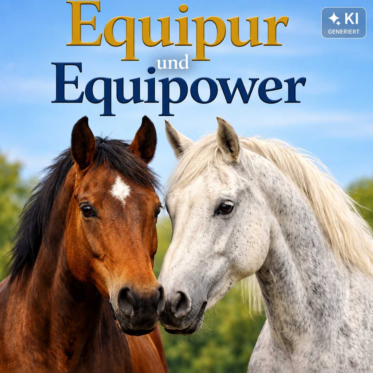 Braunes Pferd mit weißer Blesse und grauer Schimmel stehen Kopf an Kopf vor einem blauen Himmel. Darüber steht der Schriftzug „Equipur und Equipower“.