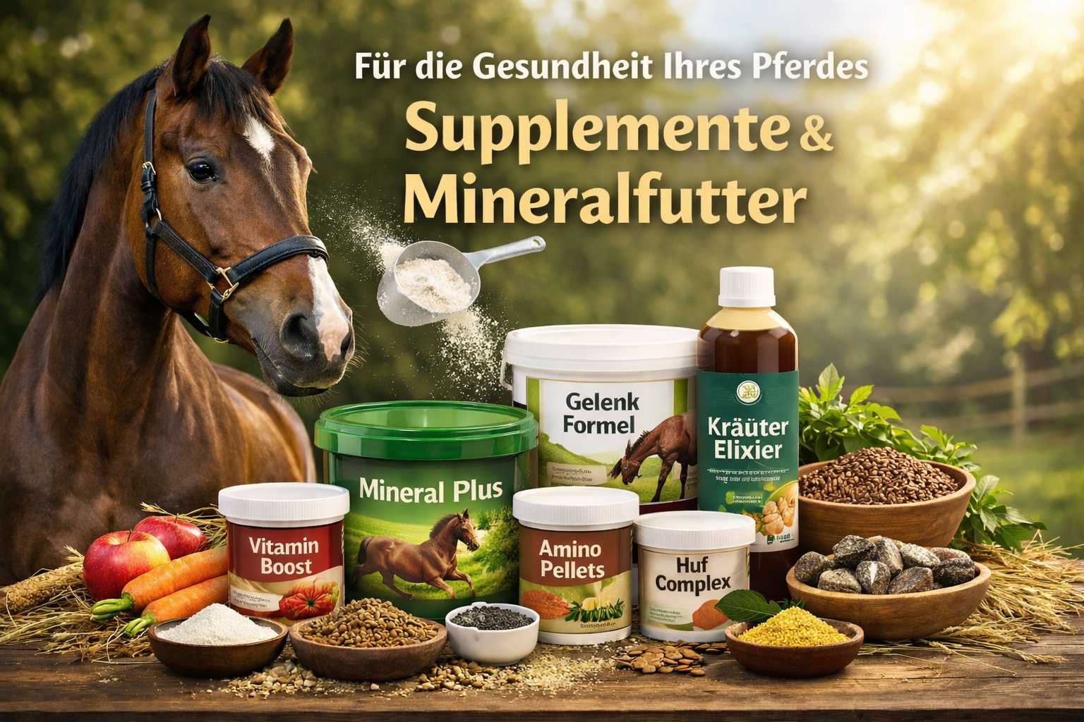 Braunes Pferd neben verschiedenen Pferde-Supplementen und Mineralfutter wie Vitamin Boost, Amino Pellets und Kräuter Elixier