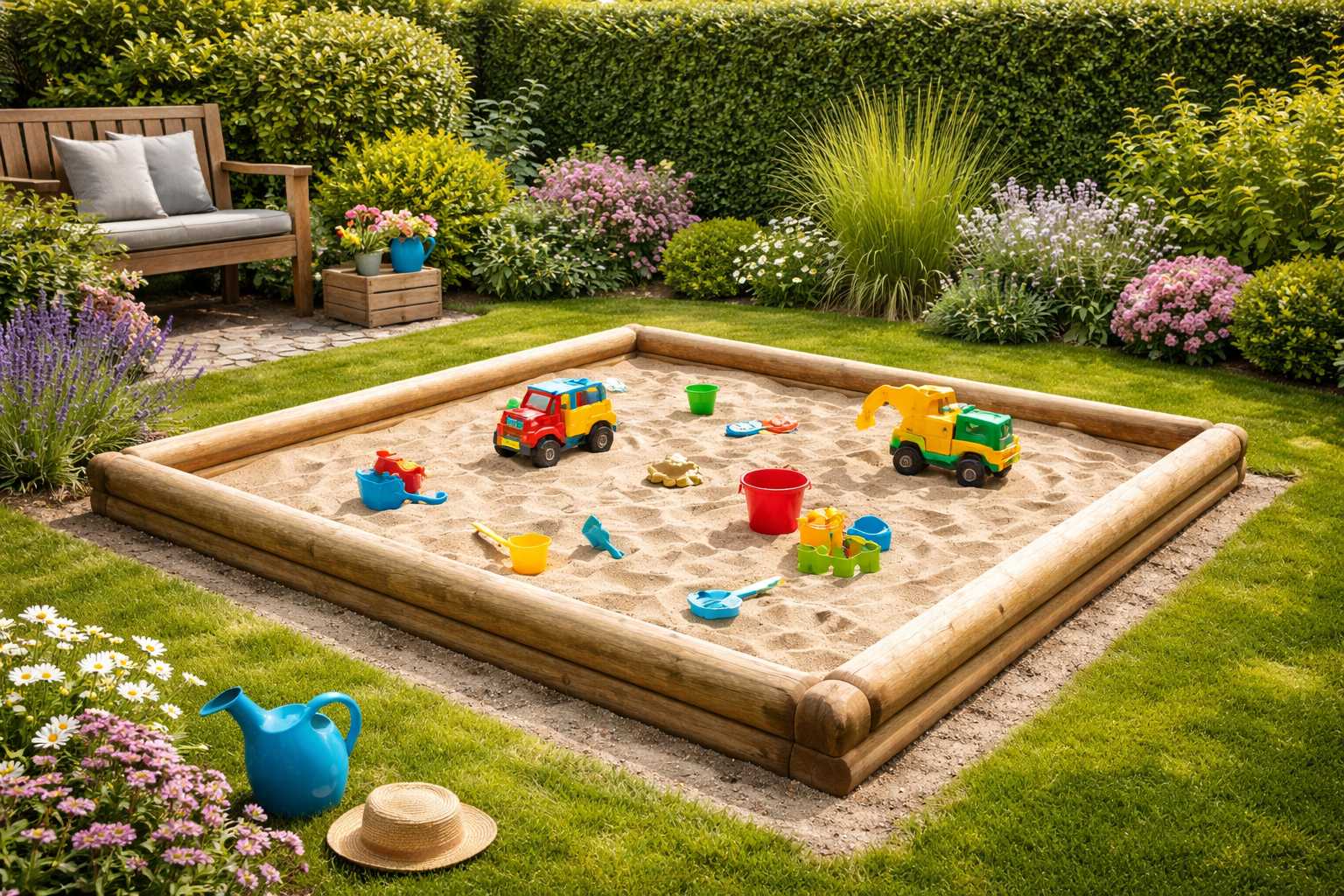 Holz-Sandkasten im Garten mit buntem Sandspielzeug und gepflegter Rasen- und Beetumgebung