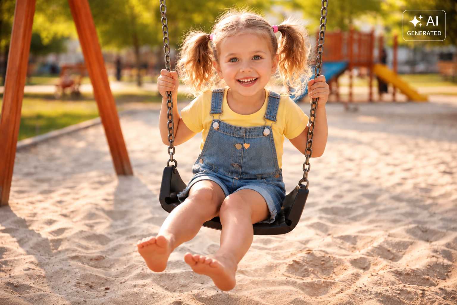 Fröhliches Mädchen schaukelt auf einem Spielplatz mit Sandfläche