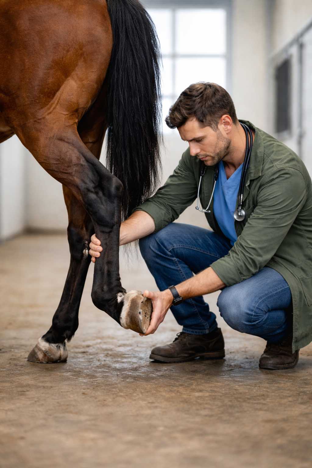 Tierarzt kniet neben einem Pferd und untersucht sorgfältig den Huf, um mögliche Ursachen für Lahmheit oder Schmerzen festzustellen.