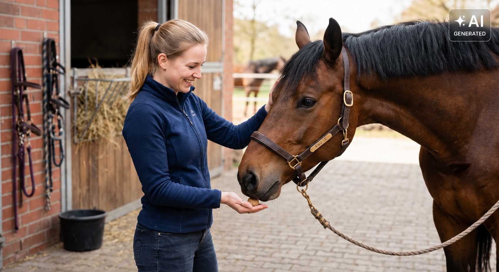 Lächelnde Frau steht neben einem braunen Pferd am Stall und bietet ihm Futter aus ihrer Hand an, während sie seinen Kopf streichelt.