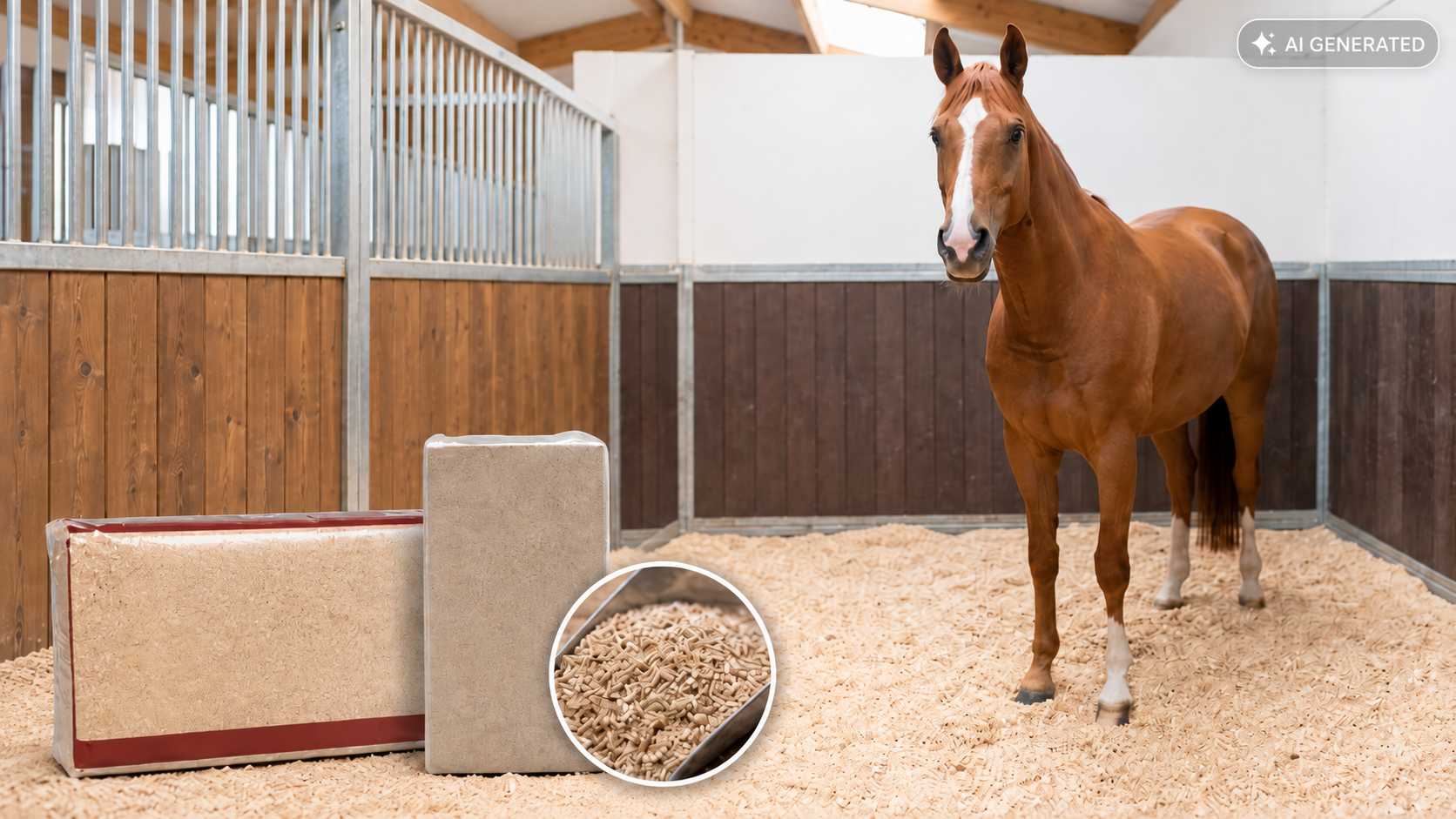 Braunes Pferd steht in einer hell eingestreuten Stallbox neben gepressten Einstreuprodukten und losem Einstreumaterial