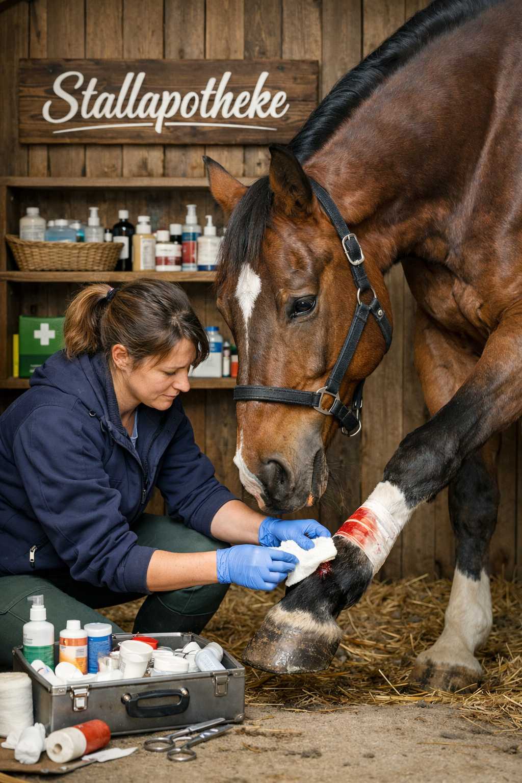 Frau versorgt die Wunde am Bein eines Pferdes mit Verbandmaterial aus der Stallapotheke im Pferdestall