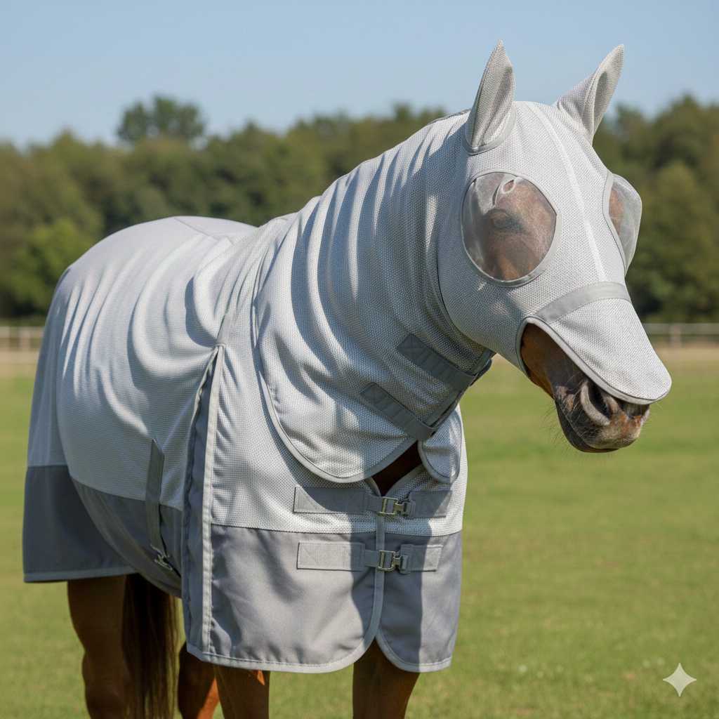 Braunes Pferd trägt eine graue Fliegenmaske mit Augenschutz und eine Ekzemerdecke zum Schutz vor Insekten auf der Weide