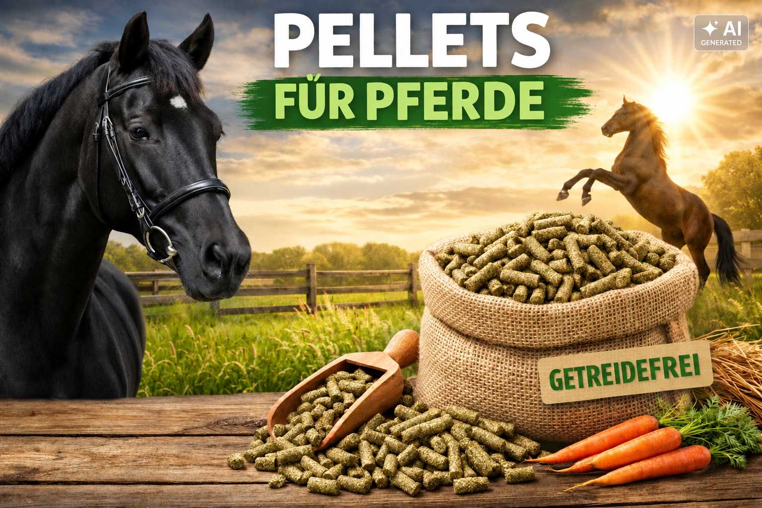 Schwarzes Pferd neben einem Jutesack mit getreidefreien Futterpellets. Im Vordergrund liegen eine Futterschaufel, Pellets und Karotten auf einem Holztisch.