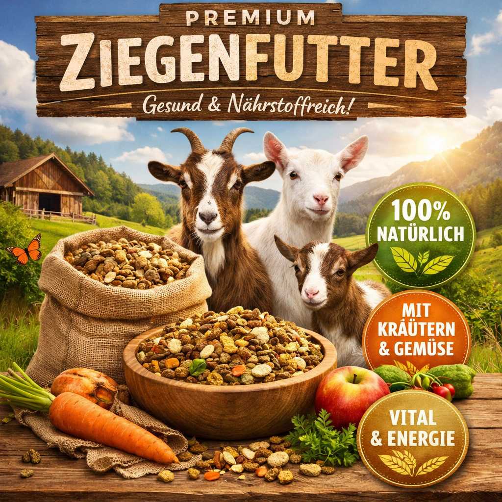 Werbebild für Premium Ziegenfutter mit Ziegen auf der Weide sowie einer Schale mit natürlichem Futter, Gemüse und Kräutern