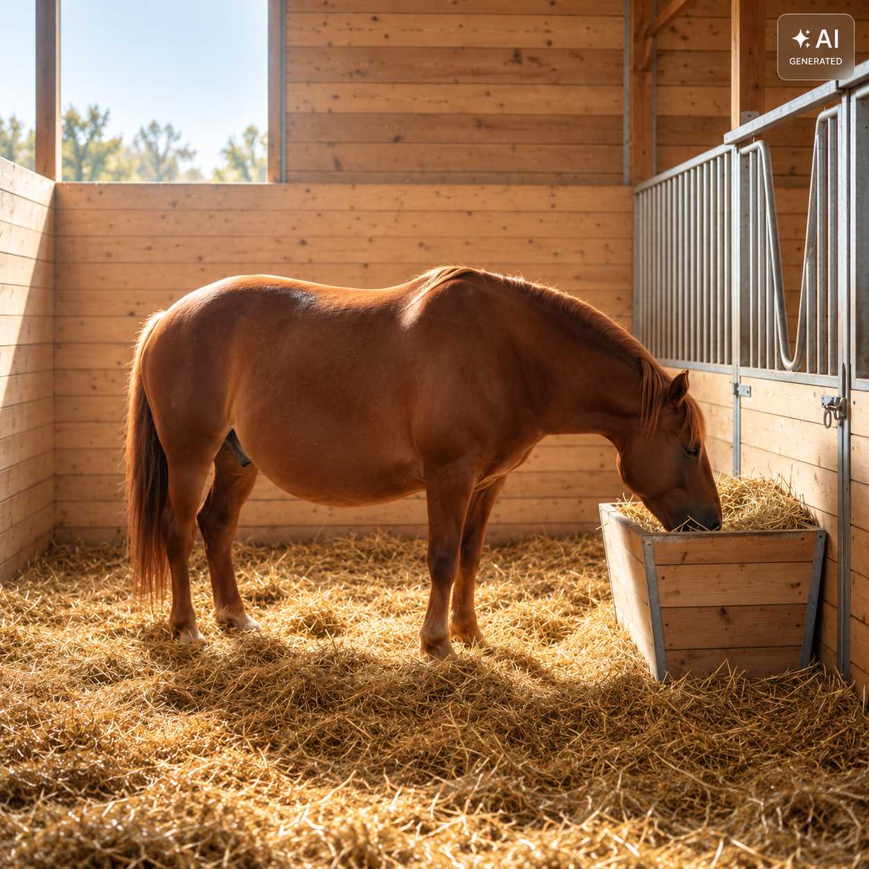Braunes Pferd frisst Heu aus einer Futterraufe in der Stallbox