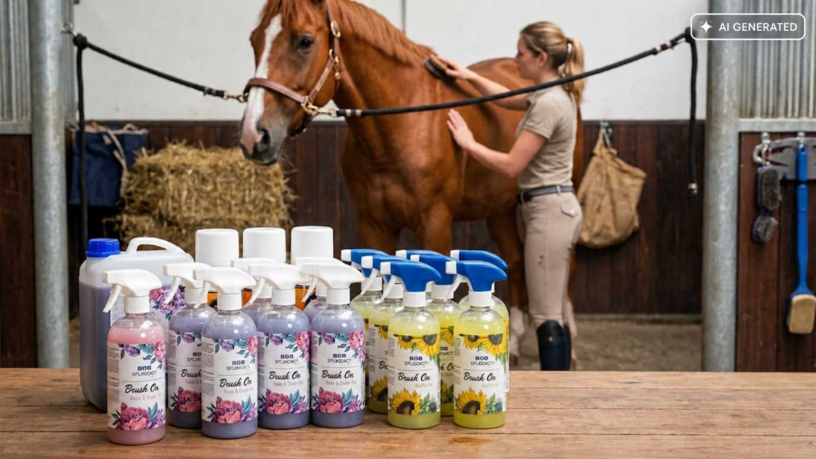 Frau bürstet ein braunes Pferd am Anbindeplatz im Stall. Im Vordergrund stehen verschiedene Pferdepflegeprodukte in weißen Sprühflaschen mit bunten Etiketten auf einem Holztisch.