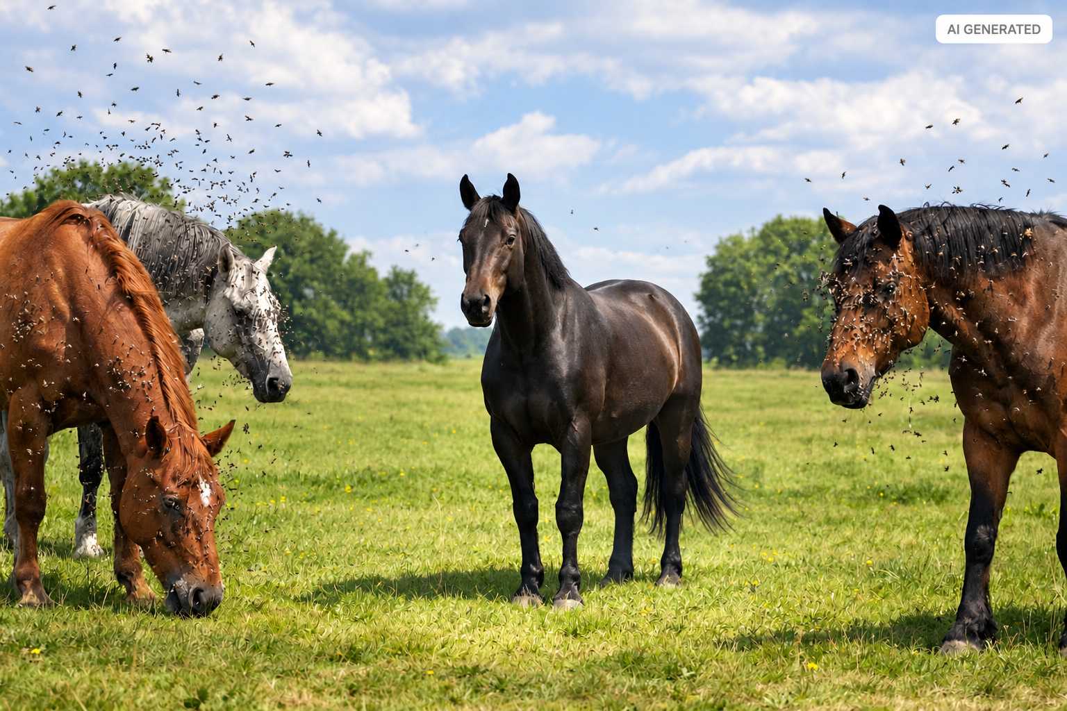 Mehrere Pferde stehen und grasen auf einer grünen Weide mit fliegenden Insekten