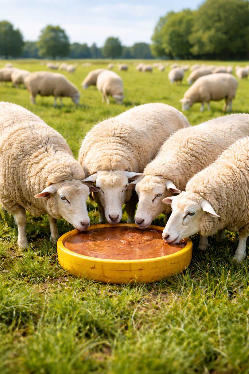 Mehrere Schafe fressen gemeinsam aus einer Futterschale auf einer grünen Weide