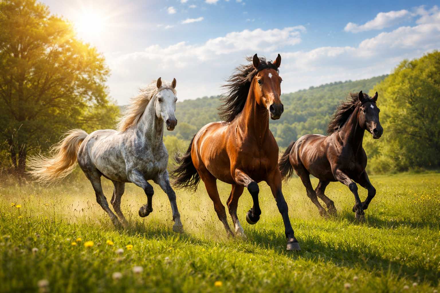 Drei Pferde laufen frei und dynamisch über eine sonnige Wiese in einer natürlichen Landschaft