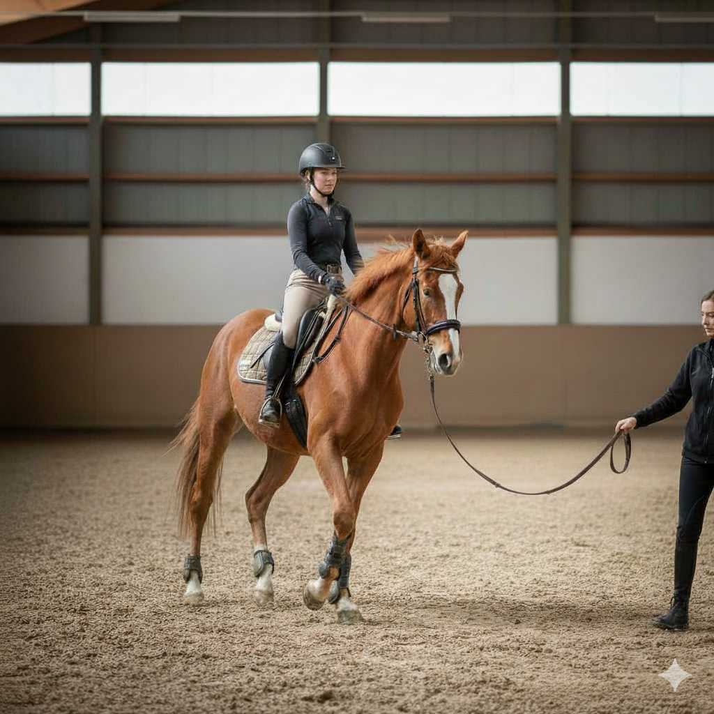 Eine Reiterin mit Helm reitet ein braunes Pferd in einer Reithalle, während eine Trainerin das Pferd an der Longe begleitet.