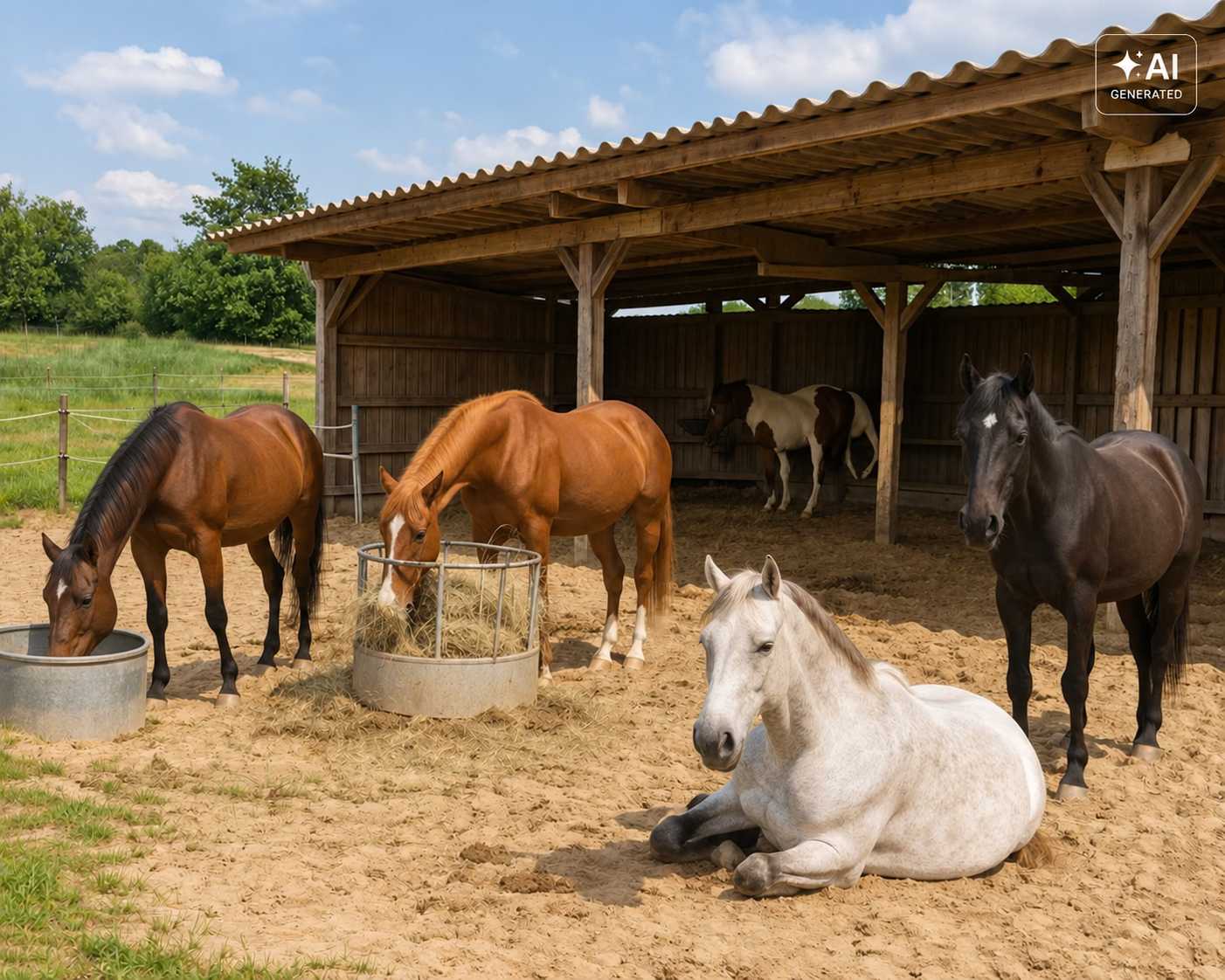 Mehrere braune, schwarze und weiße Pferde stehen in einem Offenstall mit überdachtem Unterstand. Zwei Pferde fressen an einer Heuraufe und einer Tränke, während ein weißes Pferd auf dem Sandboden liegt.