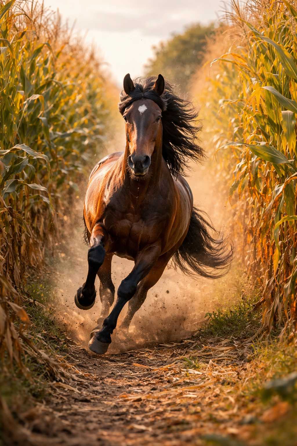 Braunes Pferd galoppiert kraftvoll auf einem Feldweg zwischen hohen Maispflanzen bei Sonnenlicht