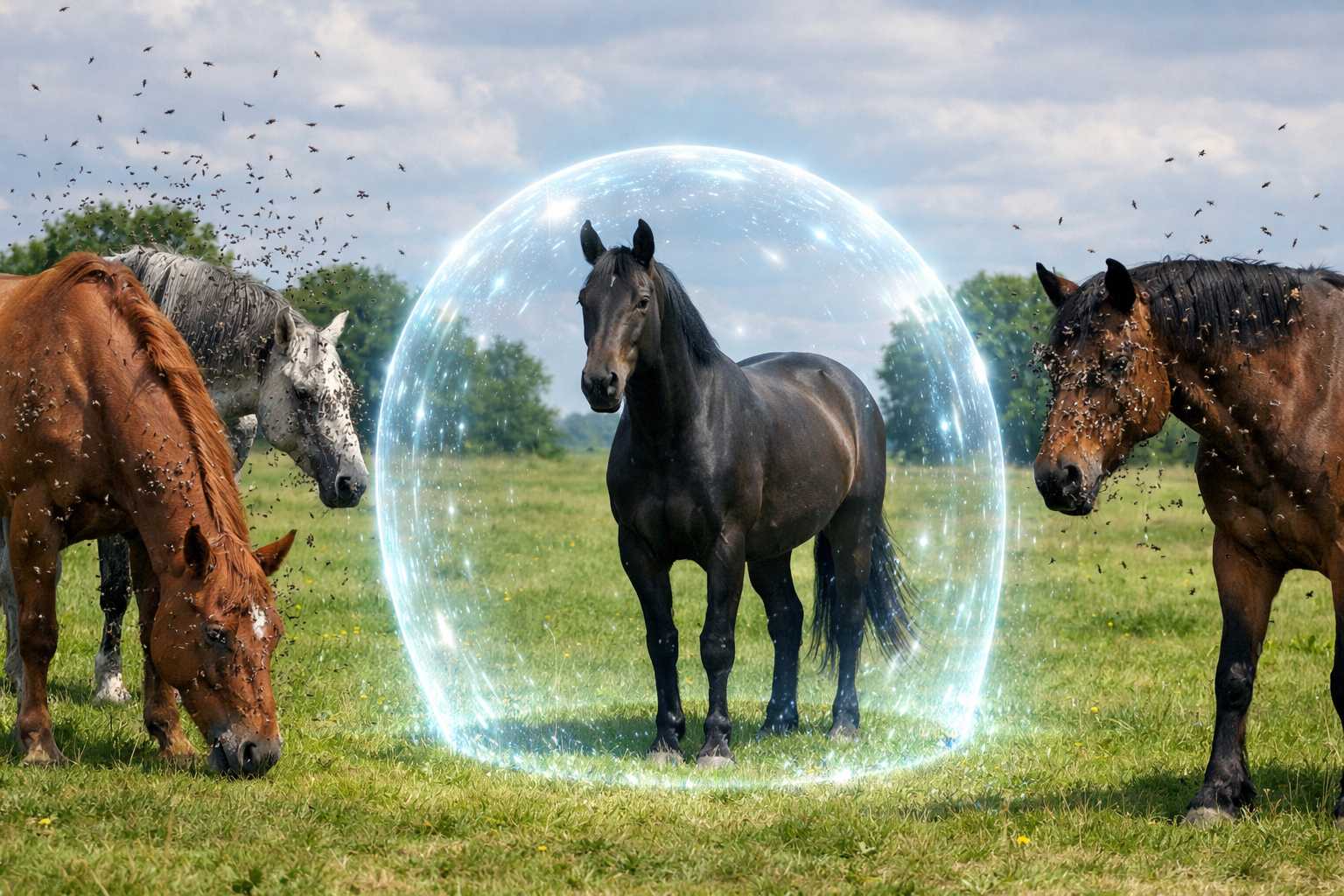 Pferd auf der Weide wird symbolisch von einer Schutzbarriere gegen Fliegen und Insekten umgeben