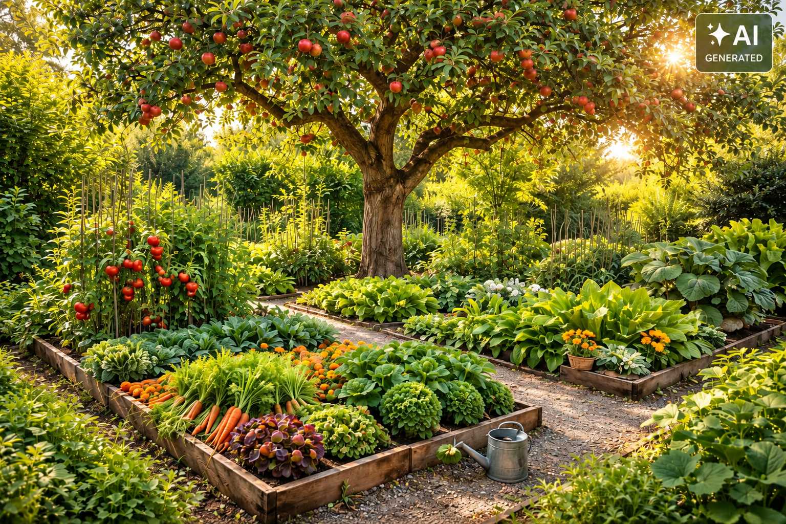 Üppiger Nutzgarten mit Apfelbaum, Tomaten, Karotten, Salat und weiteren Gemüsebeeten