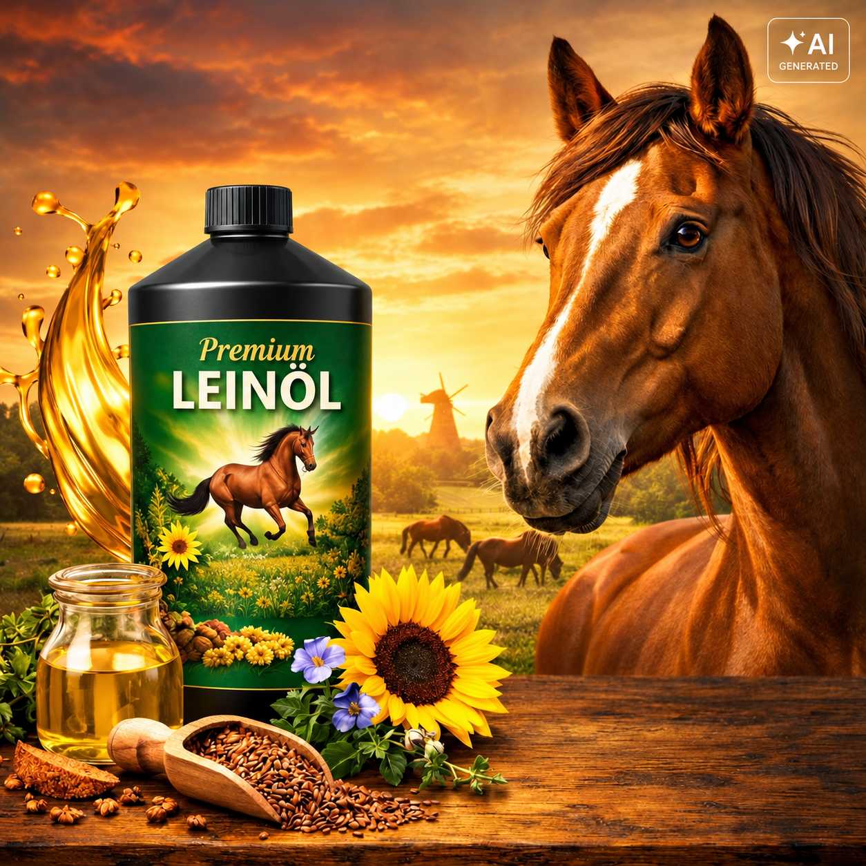 Braunes Pferd neben einer Flasche Premium Leinöl für Pferde. Auf einem Holztisch stehen ein Glas mit Leinöl, Leinsamen, eine Holzschaufel und verschiedene Blüten.